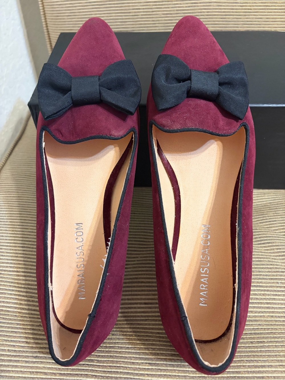 Marais USA|Anthroplogie Burgundy Suede Flats w/Black Bow Accent - Size 8.5